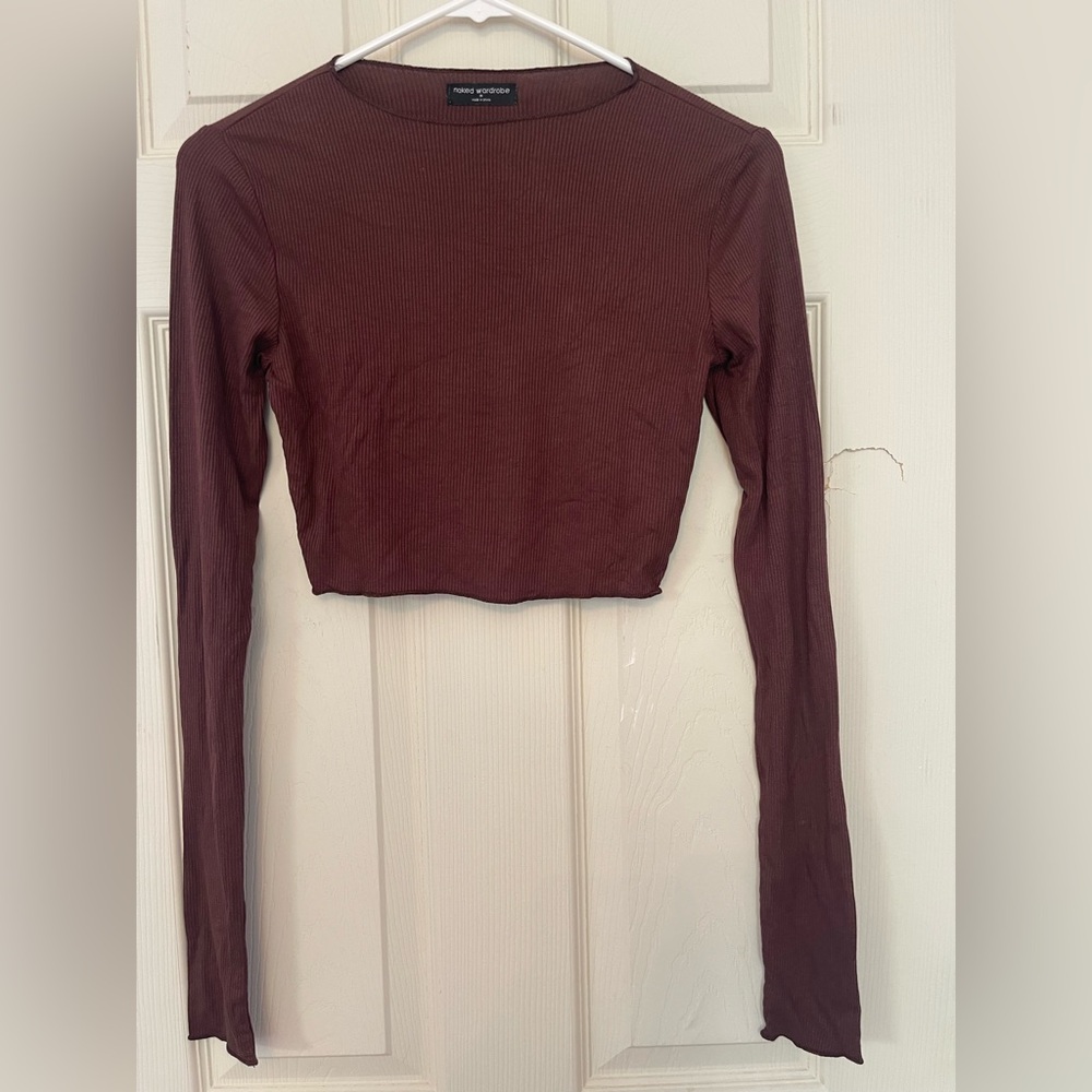 Naked Wardrobe Brown Long Sleeve Crop Top